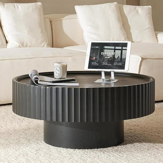 Round Coffee Table, 30.3in Modern Living Room Table, Fluted Drum Circle Tea Table with Storage, Accent Center Tables for Living Room, Apartment, Small Space(30.3''L×13.7''H) (Black)