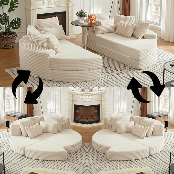 ERYE Oversized Round Sofa Chaise Daybed Comfy Corduroy Couch Boneless Sleeper Recliner Sofabed with 10 Pillows and Headrests