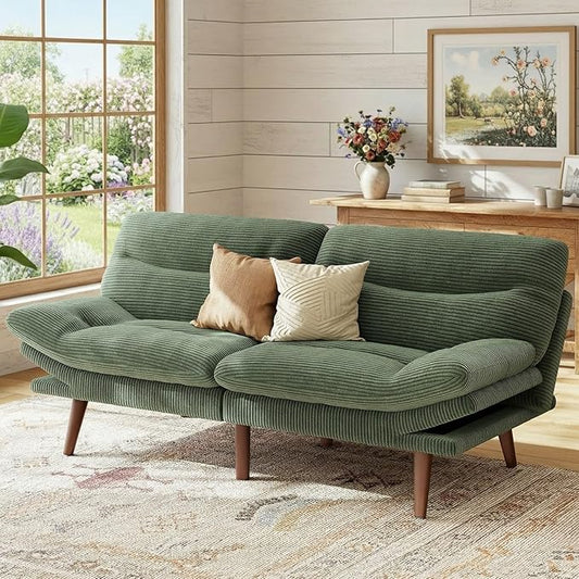 Marsail 66.1" Futon Sofa Bed, Corduroy Convertible Futon Couch with Adjustable Backrest & Armrests, Small Sleeper Sofa Loveseat for Small Apartments, Study Room, Office, Green