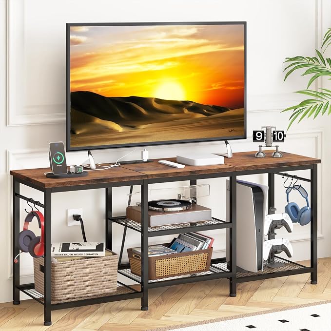 YGEOMER Entertainment Center for TVs Up to 55 Inch, TV Stand with Power Outlet and Open Storage Shelves, TV Media Console Table for Living Room and Bedroom, Rustic Brown by YGEOMER