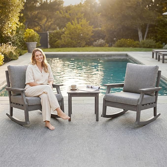 HDPE Patio Conversation Set, 3-Piece All Weather Outdoor Furniture Set with 2 Rocking Sofas for Deck, Lawn, with Cushion, Gray