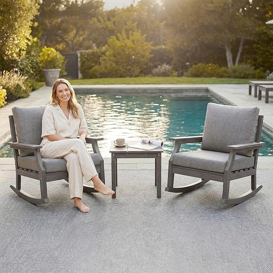 HDPE Patio Conversation Set, 3-Piece All Weather Outdoor Furniture Set with 2 Rocking Sofas for Deck, Lawn, with Cushion, Gray