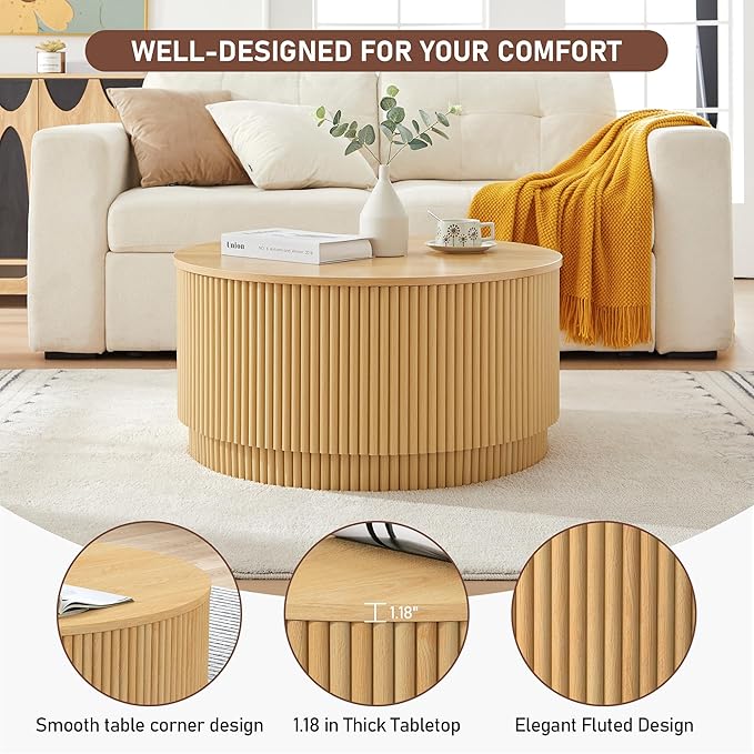 LEVNARY 31.5" Round Coffee Table with Storage, Boho Coffee Tables with Fluted Base, Wooden Circle Accent Center Table for Living Room Small Space Apartment Office (Natural)