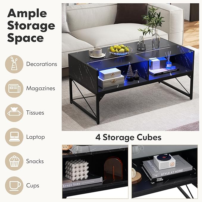 Giantex LED Coffee Table, High Gloss Coffee Tables with 4 Storage Cubes, 20-Color Lights, Remote Control, Faux Marble & Tempered Glass Top, Modern Accent Rectangle Center Table for Living Room (Black)