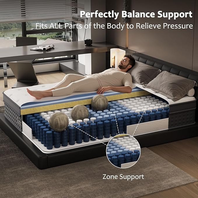 Queen Size Mattress, 12 Inch Queen Mattress in a Box, Cooling Matress with Memory Foam & Individual Pocket Springs for Pressure Relief & Spinal Alignment, Zoned Back Support & Motion Isolation