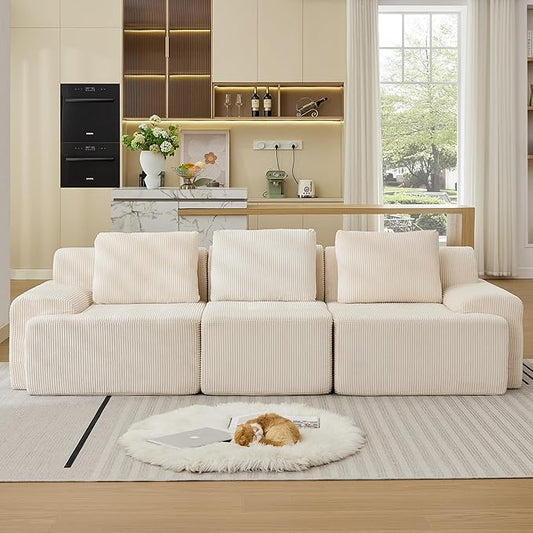 Modular Sectional Sofa, Boneless Couches for Living Room, Corduroy Couch, Big Comfy Couch, Modular Cloud Sofa with Deep Seat (White, 3 Pieces-Rowshape)