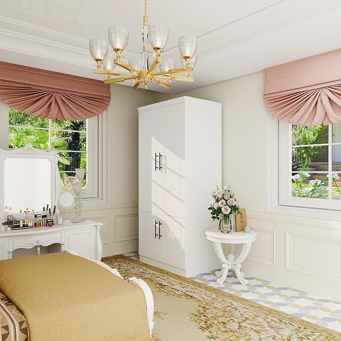 Armoire Wardrobe with Mirror, Bedroom Armoire Cabinet with Storage, Wood Closet with Hanging Rod (White - 52)