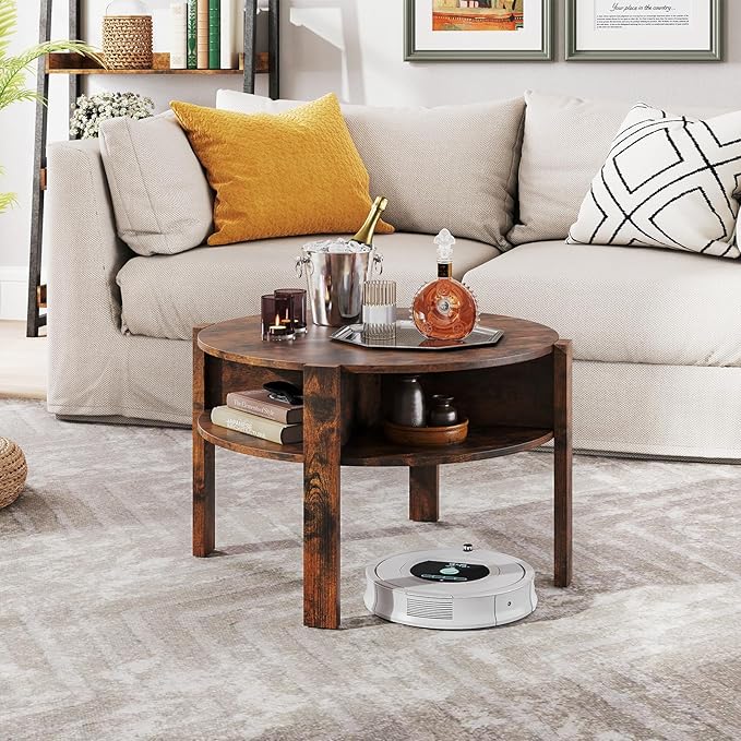 Tangkula Round Coffee Table, 29.5” 2-Tier Circle Cocktail Center Table with Storage Shelves, for Small Spaces, Living Room (Rustic Brown)