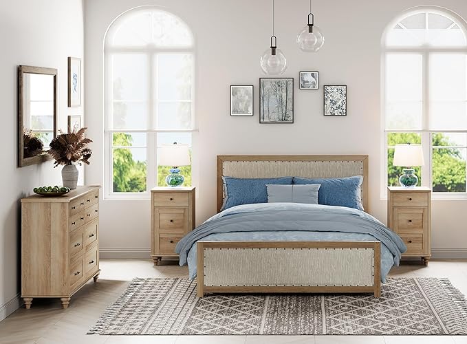 WAMPAT 3 Piece Bedroom Set - Includes 8 Drawer Dresser, Set of 2 Night Stands with Charging Station & Storage Cabinet, 3 Piece Dresser and Nightstand Sets, Oak