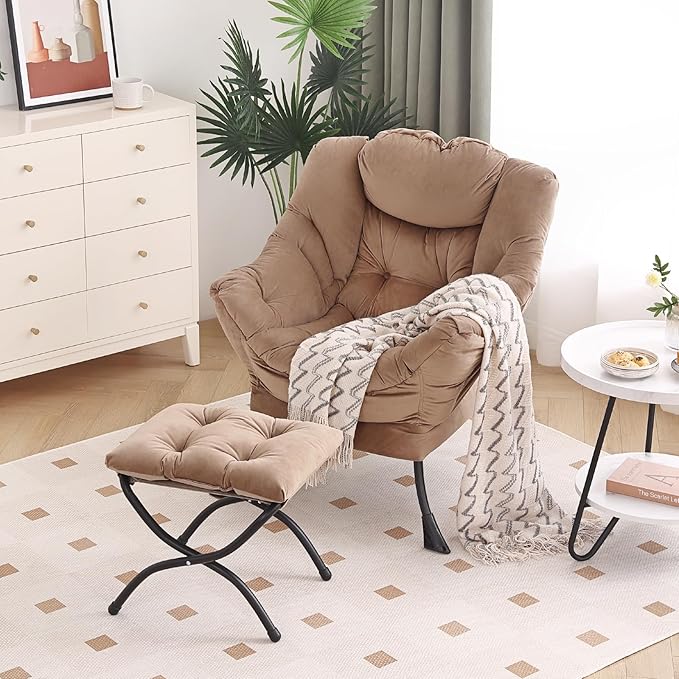 Furlide Lazy Chair with Ottoman, Modern Accent Chair with Armrests and a Side Pocket, Velvet Khaki Accent Chairs, Reading Chairs, Oversized Armchairs for Bedroom, Study, Living Room, Courtyard