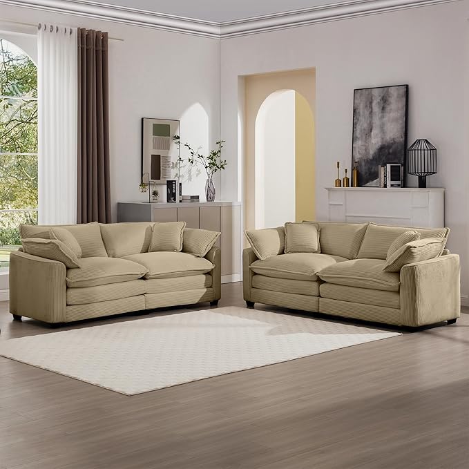 KEIKI 2-Piece Sofa Set with 2 Oversized Corduroy Loveseat Sofa, Upholstered Modern 4-Seater Corner Couch Set with 8 Pillow, High-Density Foam Cushions, Removable Armrests, for Living Room, Tan
