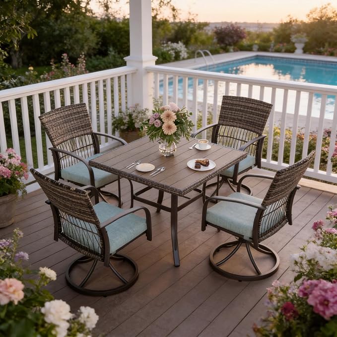 Pamapic 5-Piece Outdoor Dining Set with Swivel Chairs, Rattan Patio Furniture for Backyard, Deck, Garden, Weather-Resistant Iron Slats Table & 4 Chairs with Removable Cushions (Green) by Pamapic