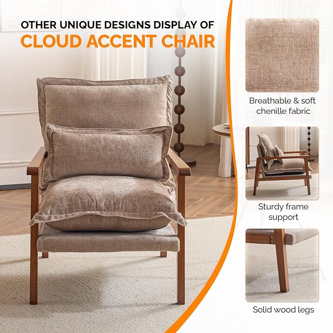 VINGLI Mid-Century Modern Cloud Accent Armchairs Set of 2 with Lumbar Pillow, 6.3'' Thick Seat Cushion Reading Chairs with Wooden Armrests, Boho Lounge Chair for Bedroom, Living Room, Chenille, Khaki