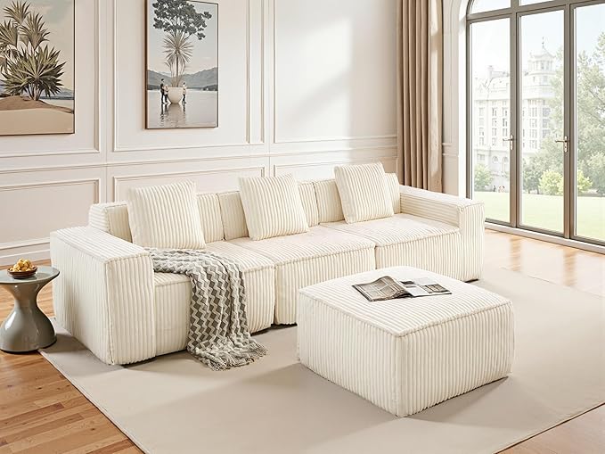 L-Shaped Corner Corduroy Sectional Sofa 4 Seat Modular Boneless Sofa Foam Cloud Couch with Movable Ottoman and Toss Pillows,Modern Deep Seat Convertible Chaise Sofa