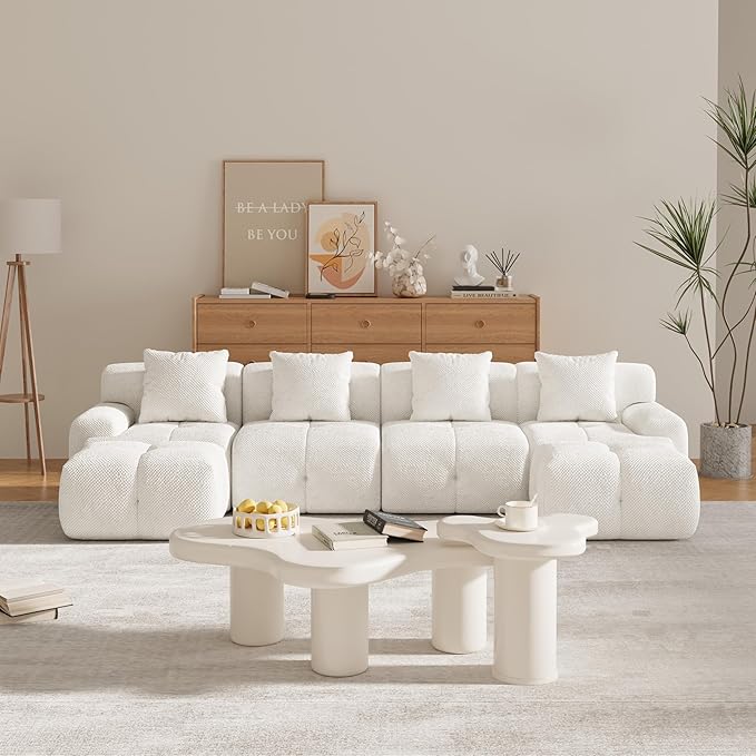 135" U-Shaped Compressed Sectional Cloud Sofa, Flannel Upholstered Modular Tufted Sofa with 6 Pieces, Symmetrical Boneless Foam Modular Cloud Couches for Living Room