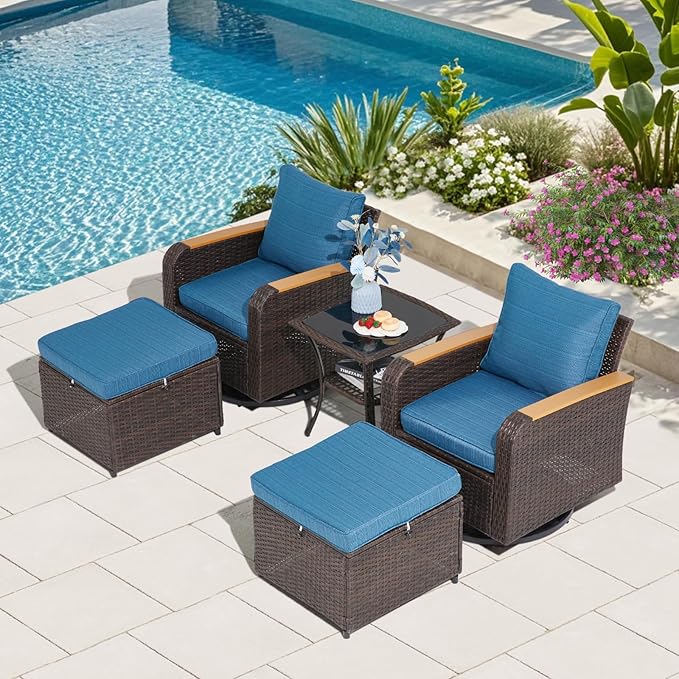 5 Piece Outdoor Patio Furniture Set, Wicker Swivel Rocking Chairs with Ottoman for Garden, Porch, Backyard