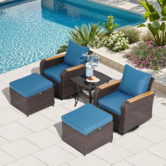 5 Piece Outdoor Patio Furniture Set, Wicker Swivel Rocking Chairs with Ottoman for Garden, Porch, Backyard