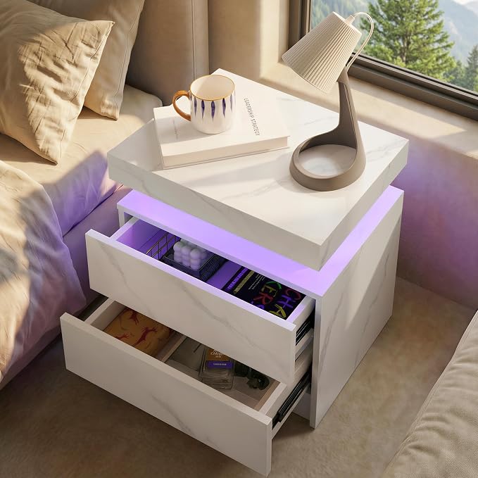 i-aplus Night Stand Set 2 LED Nightstand with 2 Drawers Bedside Table with LED Lights Side Tables for Bedroom Living Room - Image 4
