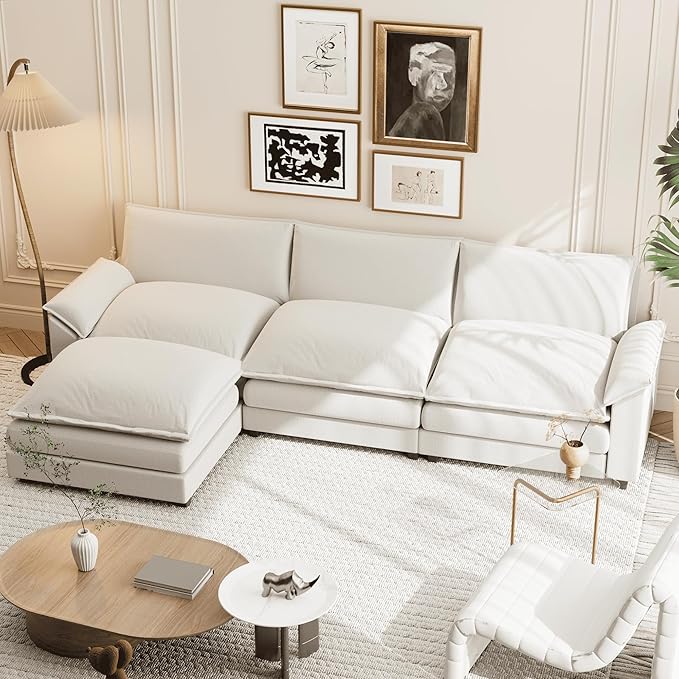 Shahoo Sectional Modular Sofa L Shaped Chenille Fabric Couch with High Supportive & Soft Sponges and Removable Ottoman, Sleeper Comfy Upholstered Furniture for Living Room, Bright Beige