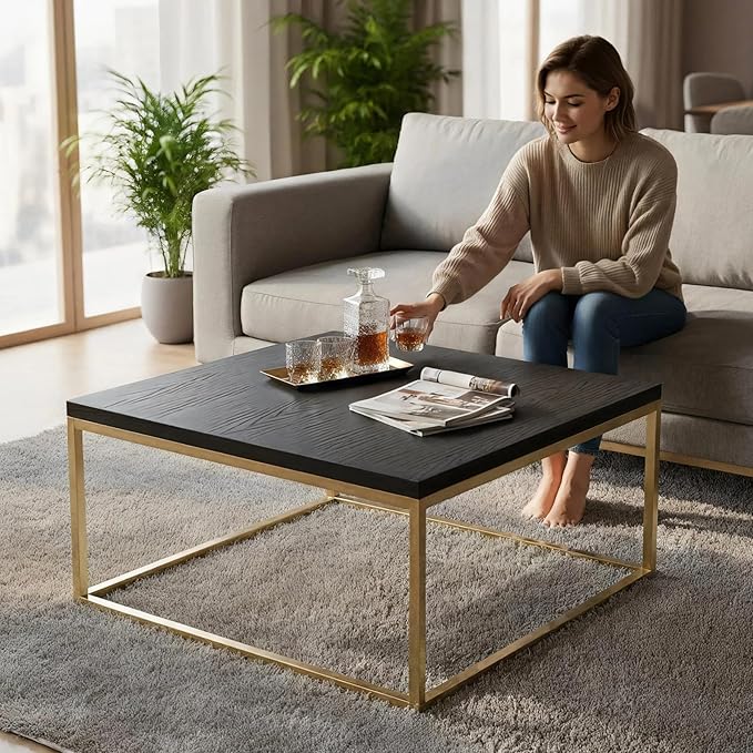CENSI 30" Square Coffee Table, Black Oak & Gold Living Room Center Table, Modern Industrial Glam Style, Extra Thick 1.2" Wood Top, Sturdy Metal Frame, Luxury Cocktail Table, Easy Assembly