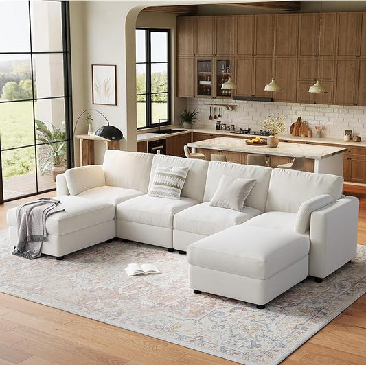 IDEALHOUSE 135.5" Modular Sectional Sofa, 6 Seater Sectional Couch, U-Shape Modern Sofa with Ottoman, Deep Seat, Oversized Convertible Modular Couch for Living Room Apartment Office, Chenille, Beige