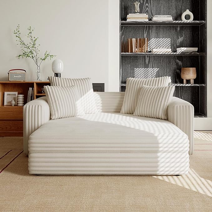 Acanva Oversized Cozy Chaise Lounge Chair Indoor with Removable Ottoman, Modern Upholstered Fluffy Sleeper Sofa Bed, Comfy Reclining Couch for Living Room, Bedroom, White