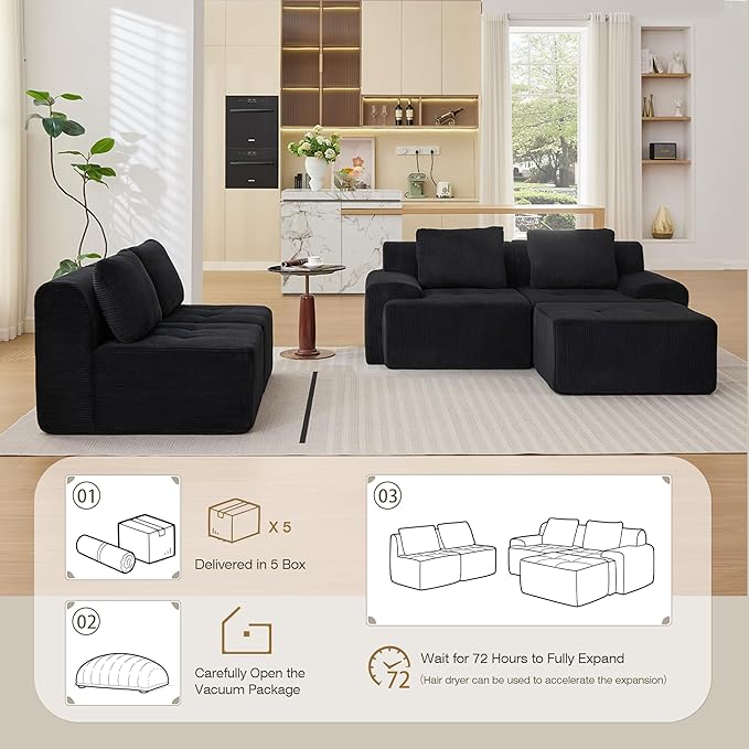 Modular Sectional Sofa, Boneless Couches for Living Room, Corduroy Couch, Big Comfy Couch, Modular Cloud Sofa with Deep Seat (Black, 5 Pieces-Side Shape)