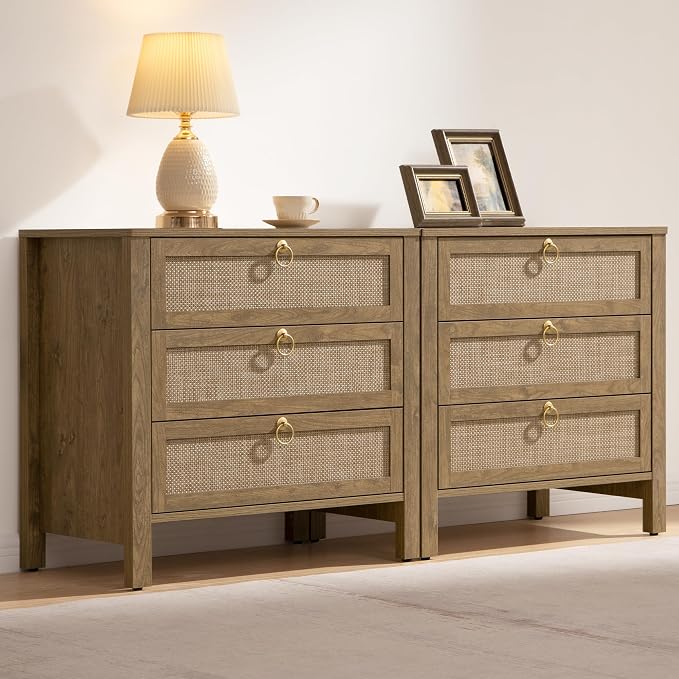 SICOTAS Nightstand Set of 2 with Drawers, Rattan Nightstands, Large Modern Boho Night Stand Wide Bedside Tables for Bedroom by SICOTAS
