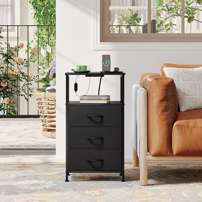 Somdot Nightstands Set of 2,Bedside Tables with Charging Station and LED Lights,Night Stand with 3 Fabric Drawers, End Tables with Open Shelf for Small Spaces Bedroom Entryway Hallway, Black - Image 7