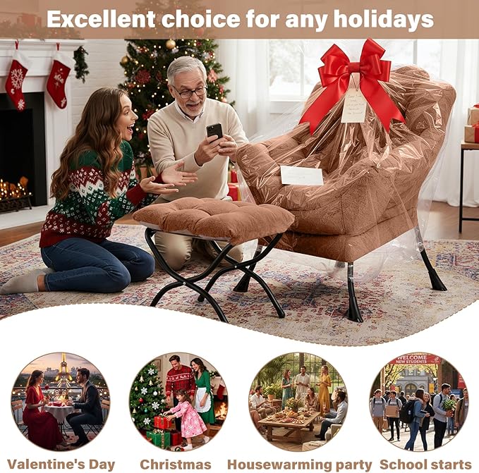 Cozy Lazy Chair and Ottoman, Large Contemporary Plush Brown Accent Chair Set, Modern Leisure Upholstered Reading Armchair for Bedroom, Living Room, Dorm Rooms, Office, Balcony