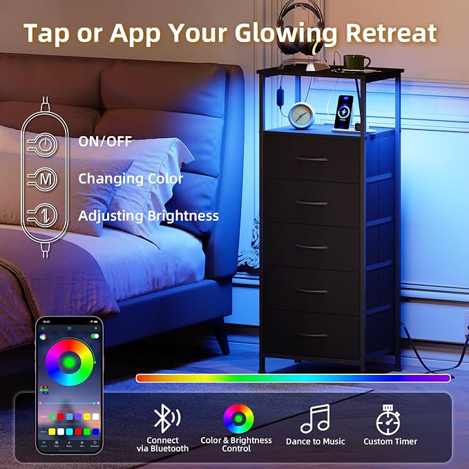Somdot Black Nightstand with Charging Station and LED Light for Bedroom, Tall 5 Drawers Dresser with Fabric Bins for Bedside Kids Dorm Room Closet Laundry Entryway, Black - Image 4
