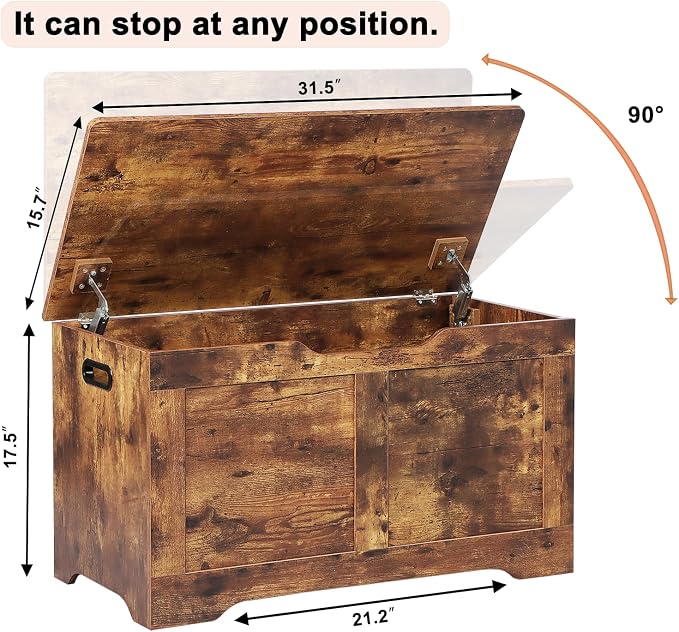 Timberer 31.5" Storage Chest, Wooden Storage Bench, Lift Top Toy Chest with 2 Safety Hinges, Large Toy Box, Entryway Shoes Bench for Living Room, Bedroom, Rustic Brown - Image 3