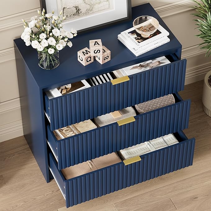 Furniway Navy Blue Dresser Bedroom Set 3 Pieces, Nightstands Sets of 2, 5 Drawer Dresser with Gold Handles for Bedroom