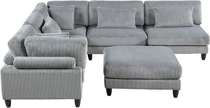 Lexicon 120 Inch Modular Sectional Sofa - Oversized 6 Seater Corduroy L Shaped Sectional Couch with Ottoman, 7 Accent Pillows, and Flexible Arrangement for Modern Living Rooms, Gray