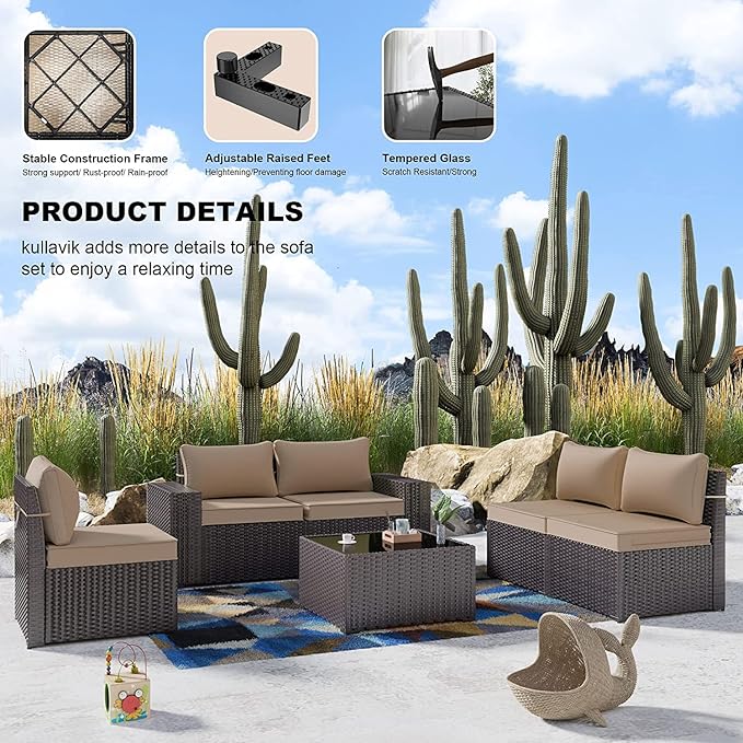 Kullavik Outdoor Patio Furniture Set,12 Pieces Sectional Rattan Sofa Set Brown PE Rattan Wicker Patio Conversation Set with 10 Seat Cushions and 2 Tempered Glass Coffee Table,Sand