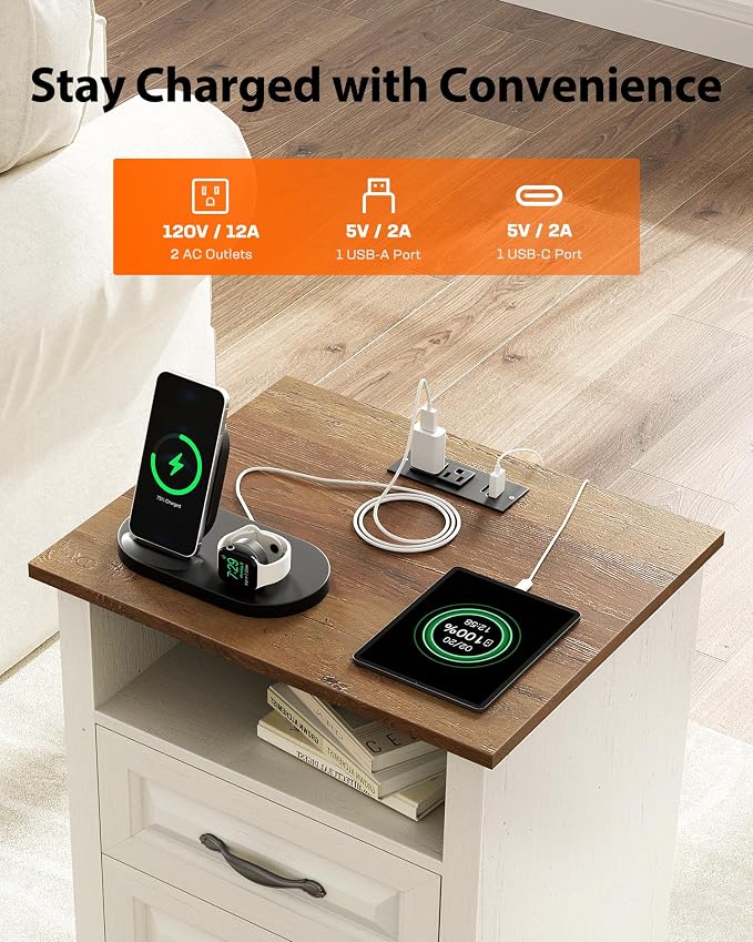 Pipishell Night Stand with Charging Station, Farmhouse Bedside Table with 2 Drawers and Open Storage, Rustic End Table with AC Outlets & Type-C Ports for Bedroom, White & Brown - Image 3