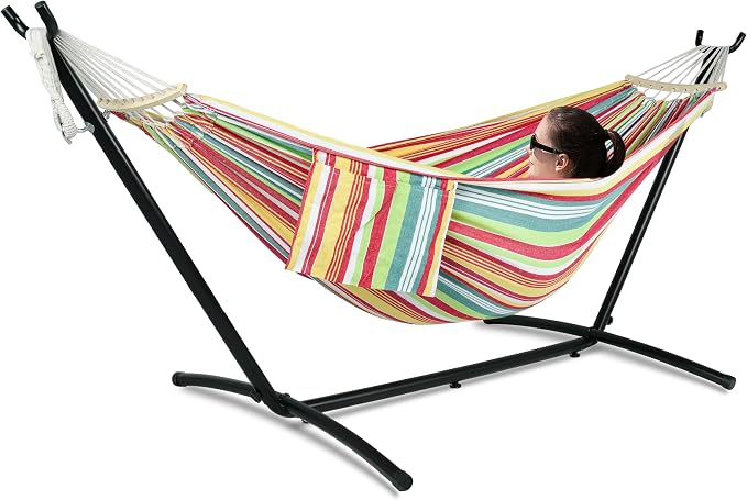 Gafete Double Hammock with Stand for Outside, Upgraded Spreader Bar, Heavy Duty Space Saving Steel Stand 2 Person, Side Pockets, Easy Assembly, 600lbs Weight Capacity, Indoor & Outdoor (Salsa Orange) by GafeteOutdoorLiving