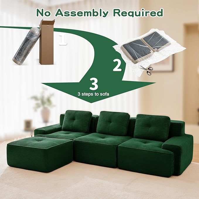 Casaphoria 115'' Boneless Sofa with Ottoman, 3-Seater Modular Couch with 3 Pillows for Living Room, L Shape Cloud Sectional Sofa, No Assembly, Green