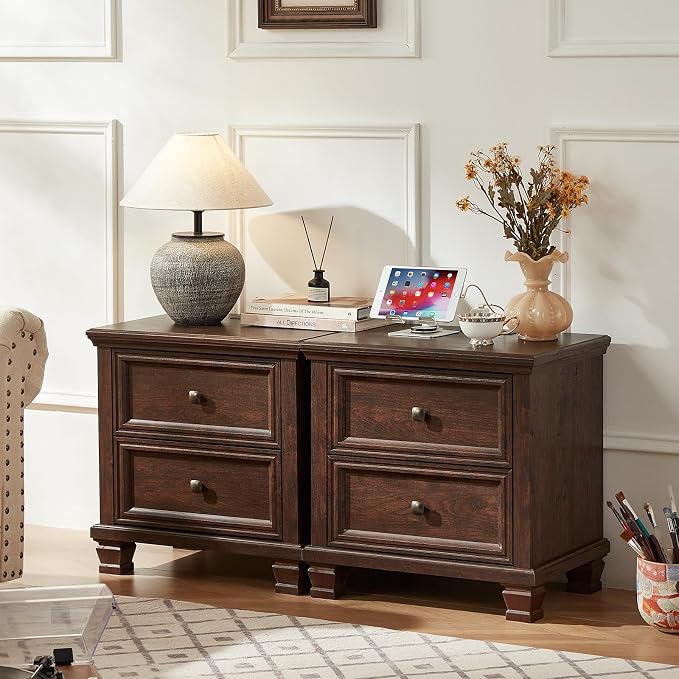 SAVOR LIFE Farmhouse Nightstand with Charging Station, Rustic Low Night Stand with 2 Drawers, Mid-Century Modern End Table with 4 Square Solid Wood Legs, Small Dresser for Bedroom, Home, Walnut - Image 3