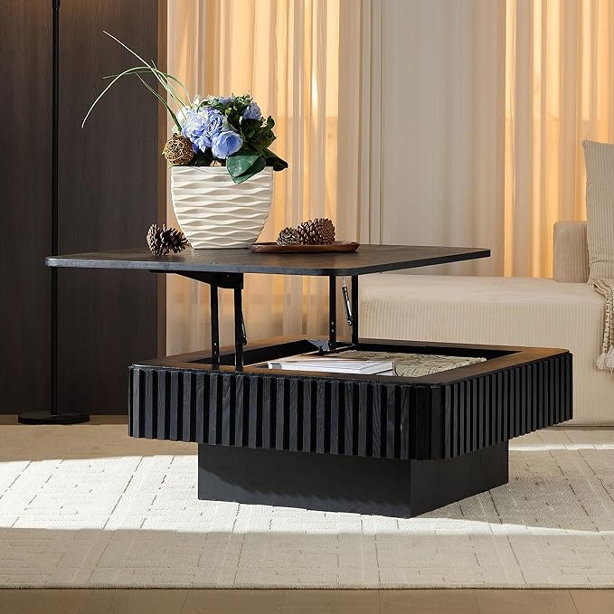 WILLIAMSPACE 35.43" Lift Top Coffee Table with Hidden Storage & Sturdy Base, Modern Luxury Square Wood Handcraft Drum Center Table Accent End Tea Table for Living Room, Minimalist Fluted Design, Black