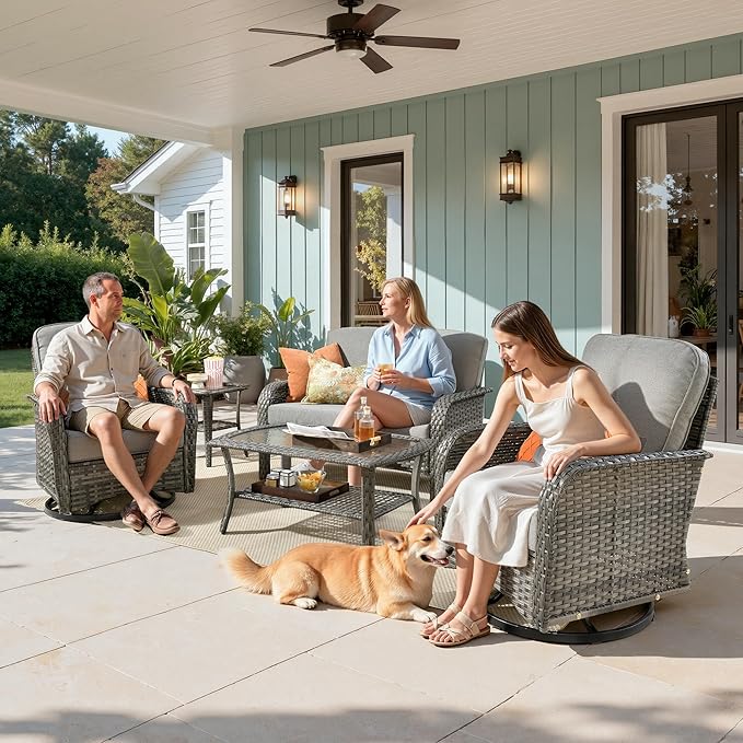 Weaxty Wicker Patio Furniture Set with Swivel Rocker Chairs Outdoor Loveseat Sofa and Rattan Coffee Table, 5 Pieces Outdoor Conversation Sets for Patio Porch Deck Backyard Poolside, Light Gray
