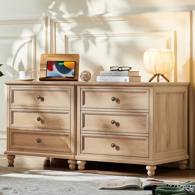 Joaxswe Farmhouse Nightstand with Charging Station, 24" Wide End Table with 3 Drawers,Natural Wood Dresser Cabinet for Bedroom, Bed Side Table Chest of Drawers,Night Stand for Living Room, Closet by Joaxswe
