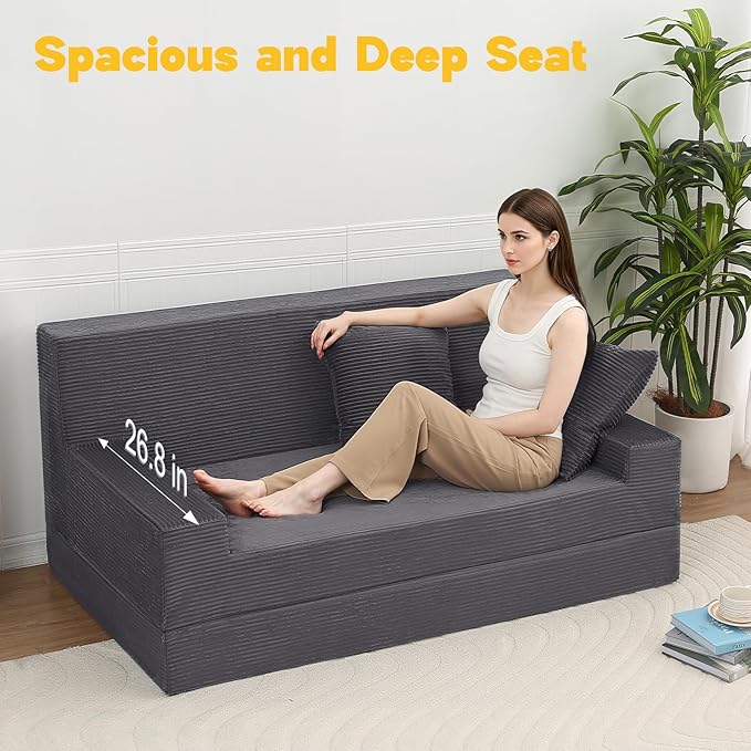 MeMoreCool Folding Futon Couch Queen – Boneless Corduroy Sofa Bed, Convertible Foam Floor Lounger with Pillow & Washable Cover, Foldable Sleeper for Living Room, Bedroom, Guest Space