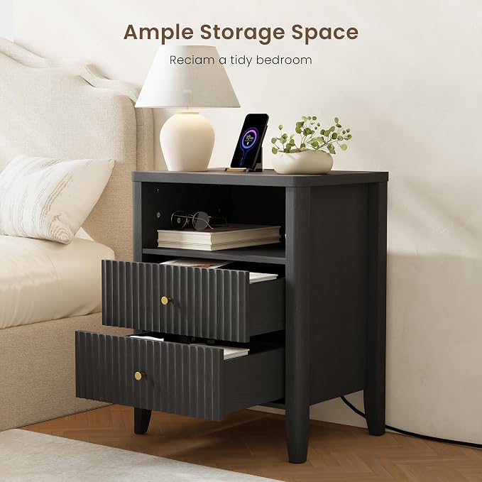 Nightstand with Charging Station, 21" Fluted Bedside Table with 2 Drawers & Open Shelf, Modern End Table with Storage for Bedroom, Black - Image 4