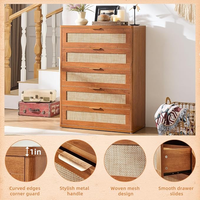 LEYAOYAO Rattan Dresser for Bedroom Set 2, 41" Tall Chest of Drawers, Modern 5 Drawers Boho Dressers with Storage, Light Oak Dresser Wooden Closet Organizer for Living Room, Hallway, Tea Brown - Image 8