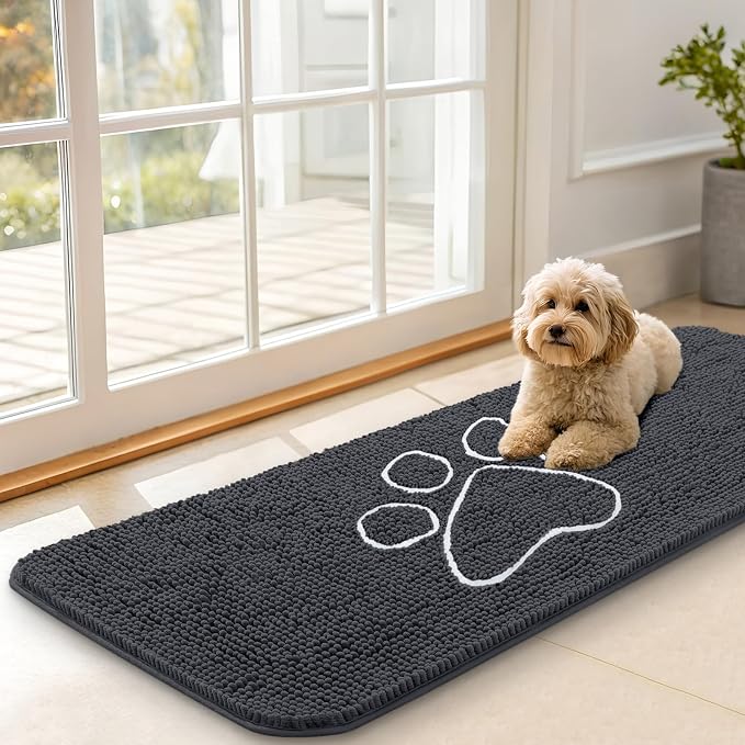 OLANLY Dog Door Mat for Muddy Paws 47x17, Paw Print Design, Absorbs Moisture and Dirt, Absorbent Non-Slip Washable Doormat, Quick Dry Chenille Mud Mat for Dogs, Entry Indoor Entryway Carpet, Dark Grey by OLANLY