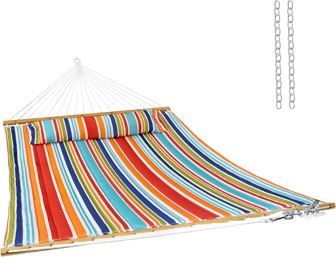 Sunnydaze Extra Large Quilted Hammock with Spreader Bars - 2-Person Hammock for Outside - Caribbean Stripe by SunnydazeDecor