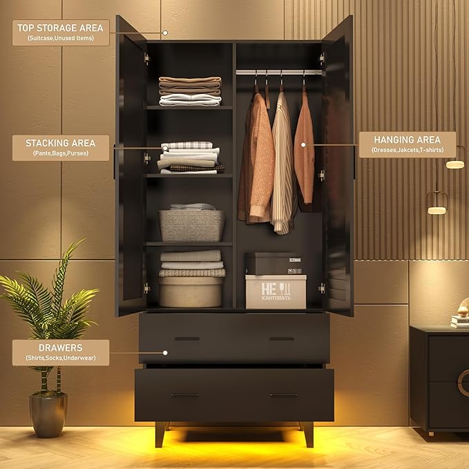 Hlivelood 2 Door Armoire Wardrobe Closet Cabinet with Mirror, Drawers and LED Lights, Multi-Tier Shelves, Hanging Rod & 2 Louver Doors, Large Capacity Storage Wardrobe Armoire for Bedroom, Black