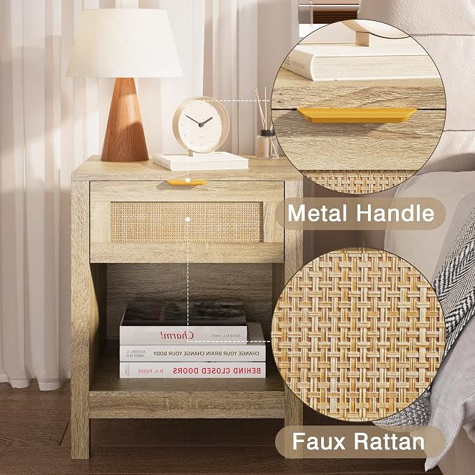 KIGOTY Farmhouse Nightstands, Night Stand, Rattan Nightstand Bedside Table with Drawer, Boho End Side Tables with Open Shelf for Bed Room, Natural Oak - Image 3