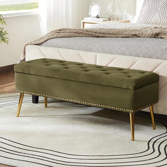 HULALA HOME Modern Velvet Storage Ottoman Bench with Gold Base & Nailhead Trim, Upholstered Bedroom Bench for End of Bed, Button-Tufted Footstool for Entryway Living Room Dining Room, Moss by HULALAHOME